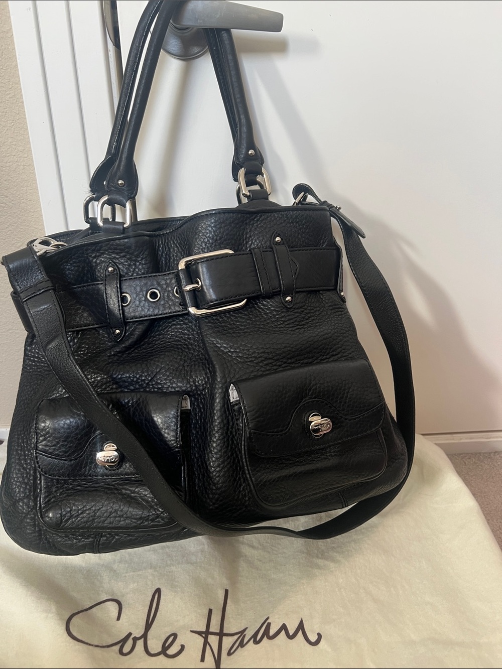 Cole Haan Black Pebbled Leather Satchel with Silver Hardware